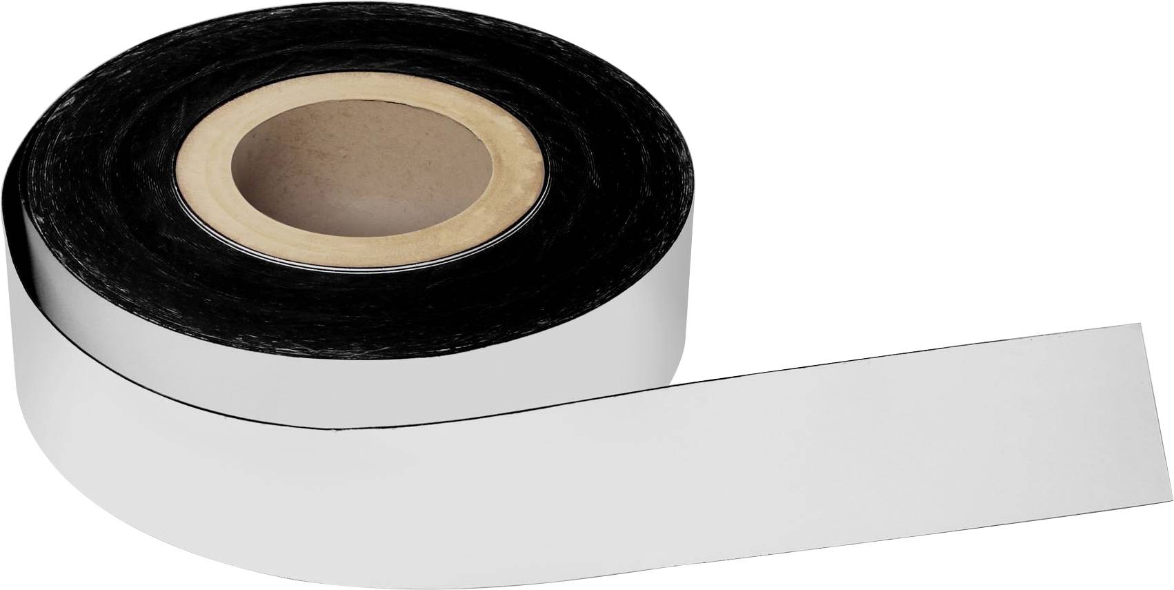 A roll of reflective silver tape unwinds, showing a glossy, metallic surface. The tape is primarily used for insulation or sealing.