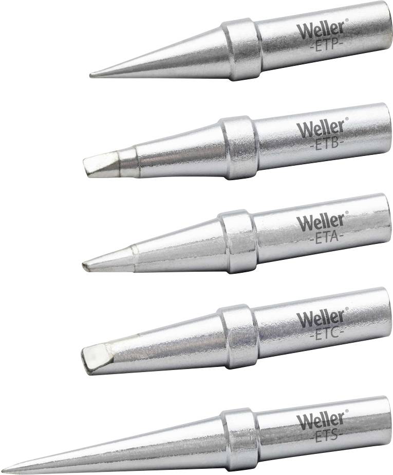 Five silver soldering iron tips labeled 'Weller' with varying shapes for different soldering tasks.