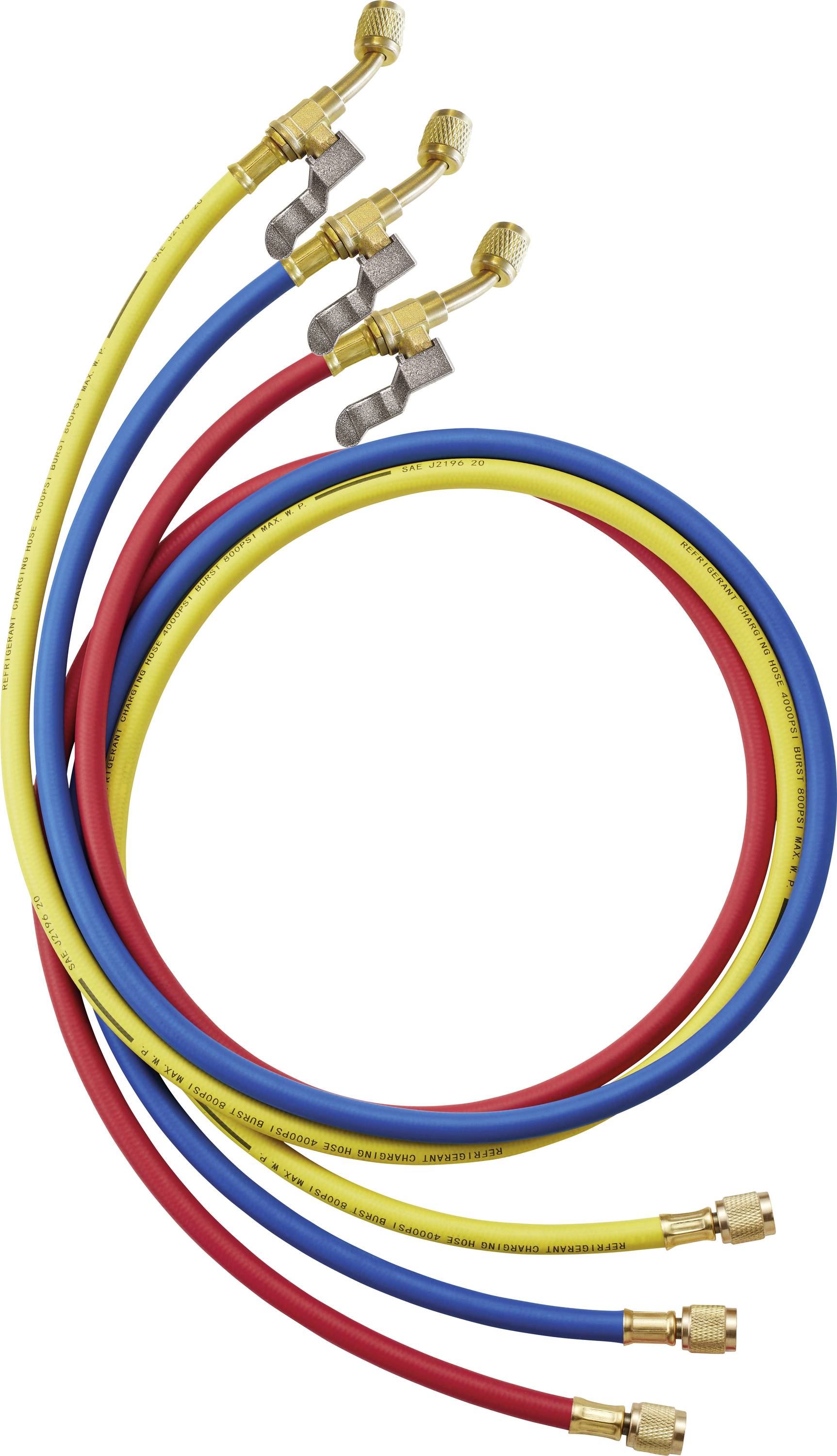 Three colored refrigerant hoses: red, blue, and yellow, with brass connectors on each end, coiled together.