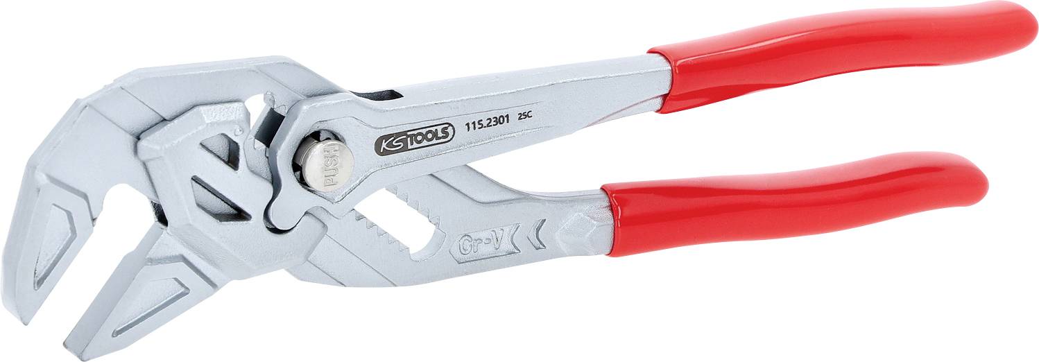 Pliers with red handles and a silver, adjustable gripping head, used for gripping and turning objects, shown on a white background.