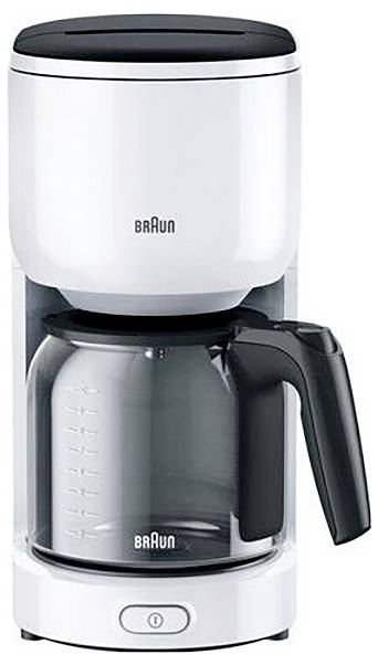 A white and black drip coffee maker with a glass carafe and a power button on the base.