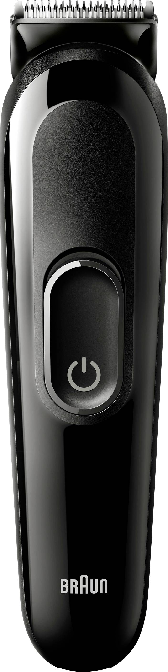 A black Braun electric hair clipper with a power button on the front and blades at the top.