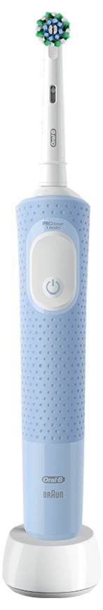 Electric toothbrush in blue and white on a charging stand with a round brush head.