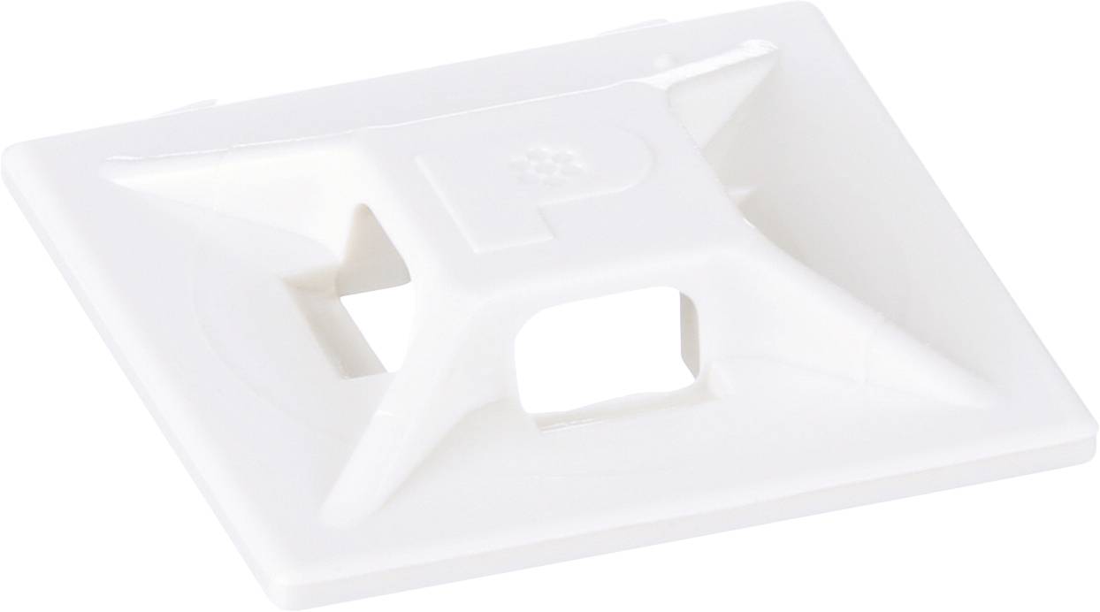 A white, square adhesive cable mount with a central hole and ridged edges used for organizing and securing cables.