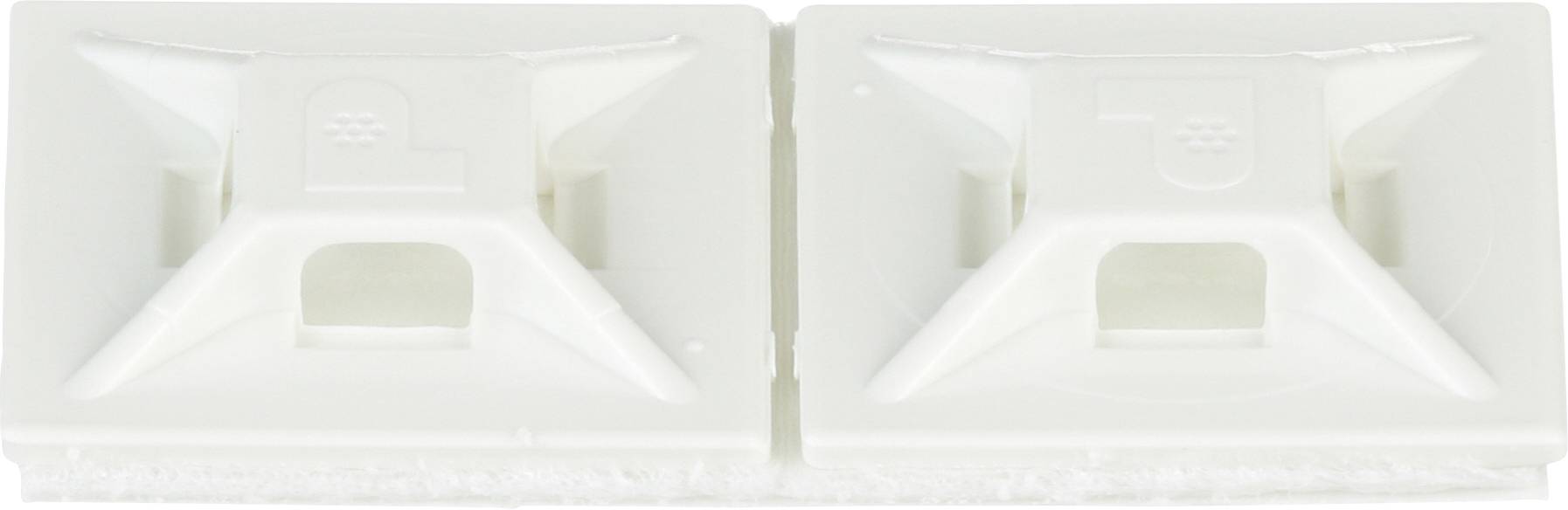 Two white plastic cable tie mounts placed side by side, each with a square base and a raised triangular structure for securing cables.