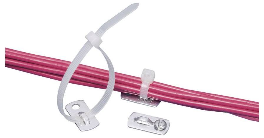 A set of red cables secured by a white cable tie, with two silver metal fastening clips nearby, illustrating cable management solutions.