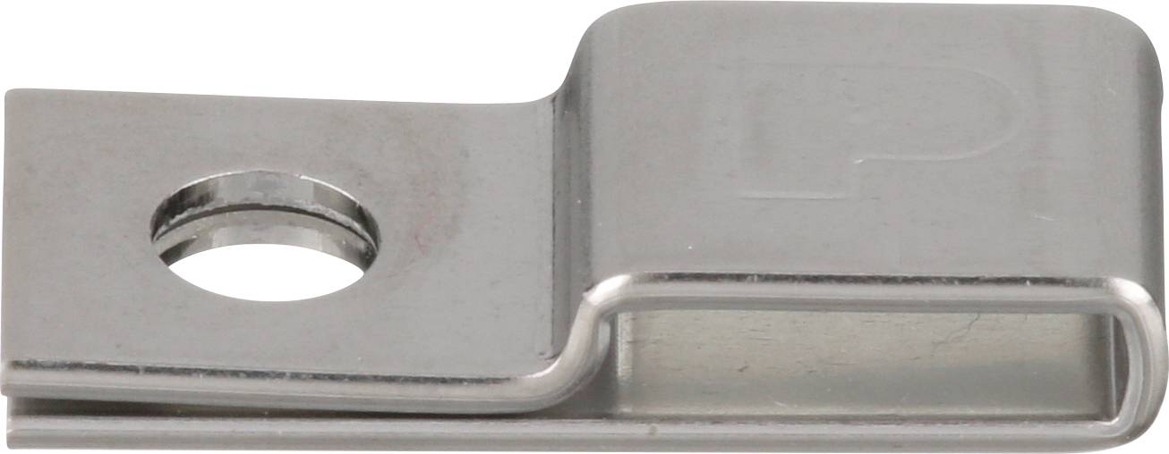 A shiny metal bracket with a flat base and a single circular hole on one side for mounting purposes.