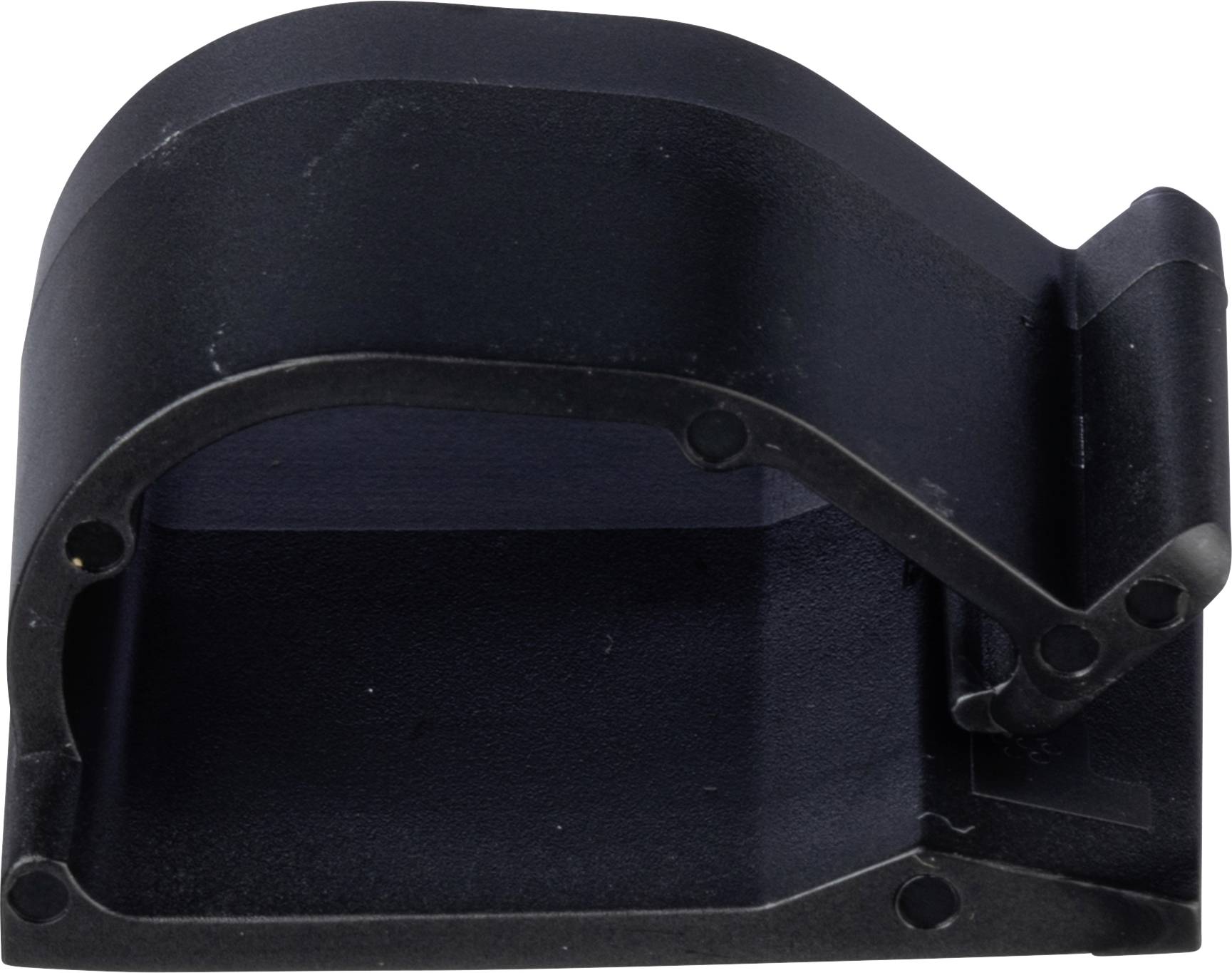 A black plastic bracket with a curved form and screw holes, likely designed for mounting or supporting a specific component.