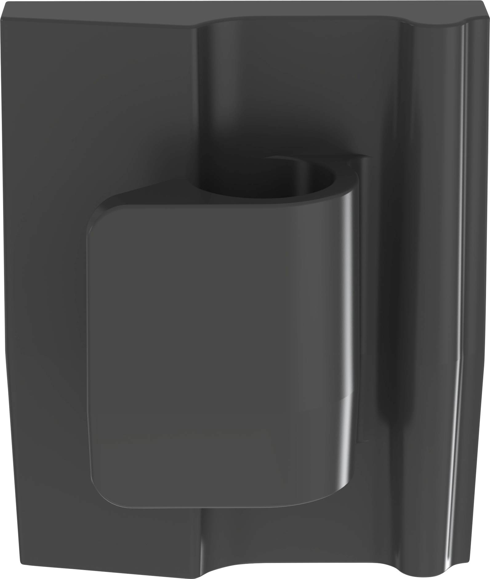 A black, rectangular ceramic roof tile with a smooth finish and an interlocking design, viewed from an angled perspective.
