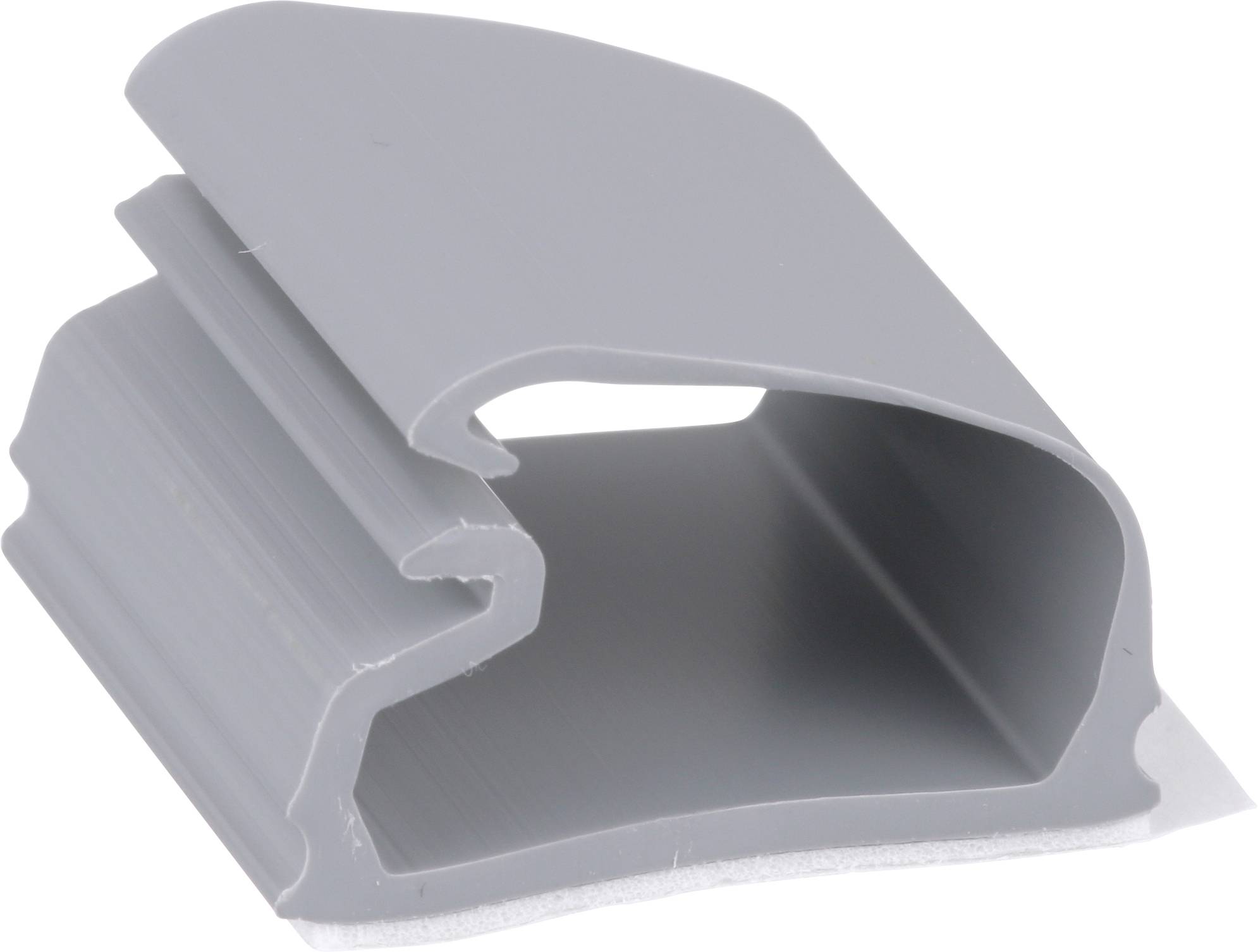 A gray plastic clip with an open, curved design, used for holding objects together.