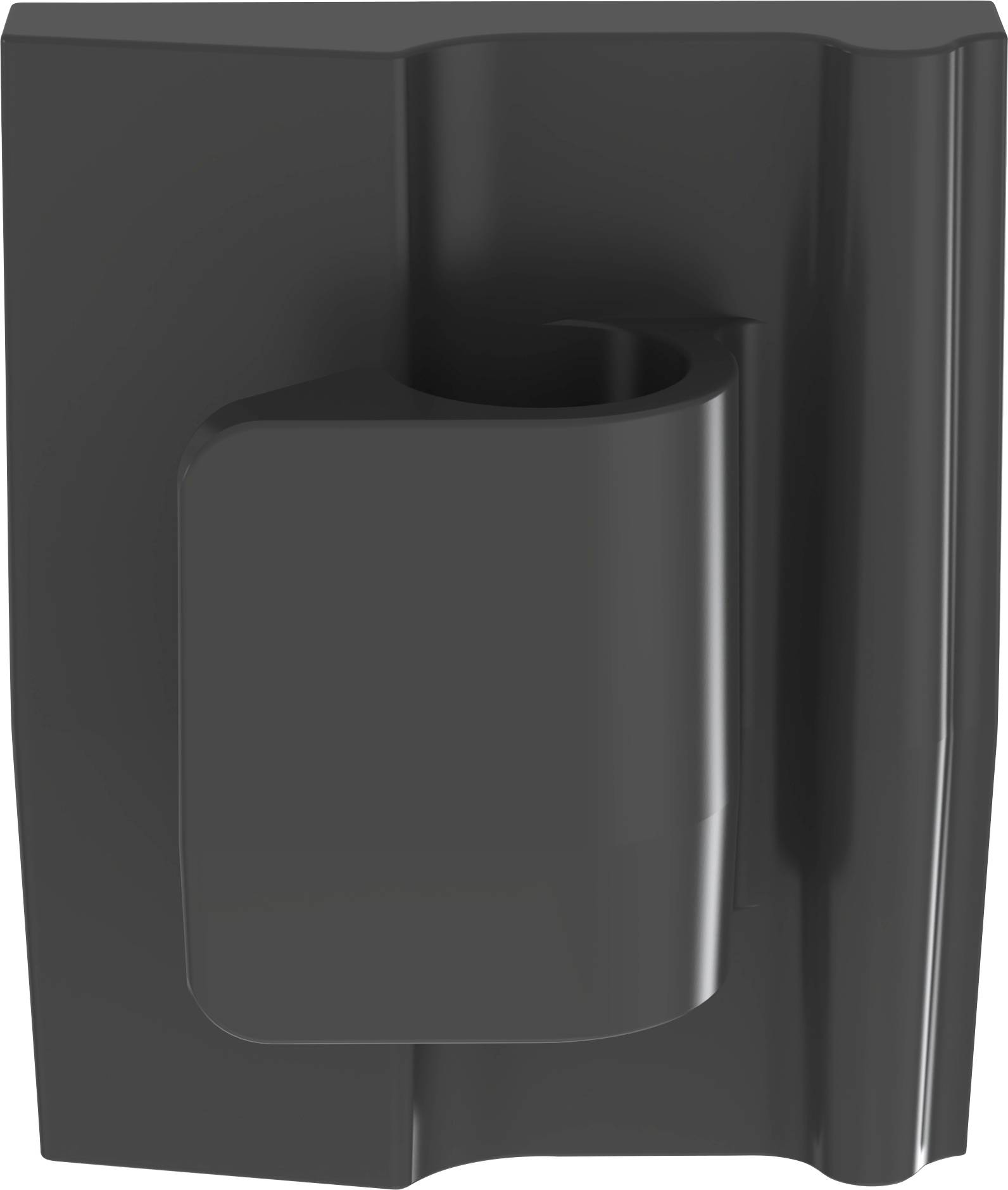 A dark gray, rectangular plastic mount with a cylindrical slot, possibly used for holding a small tool or accessory.
