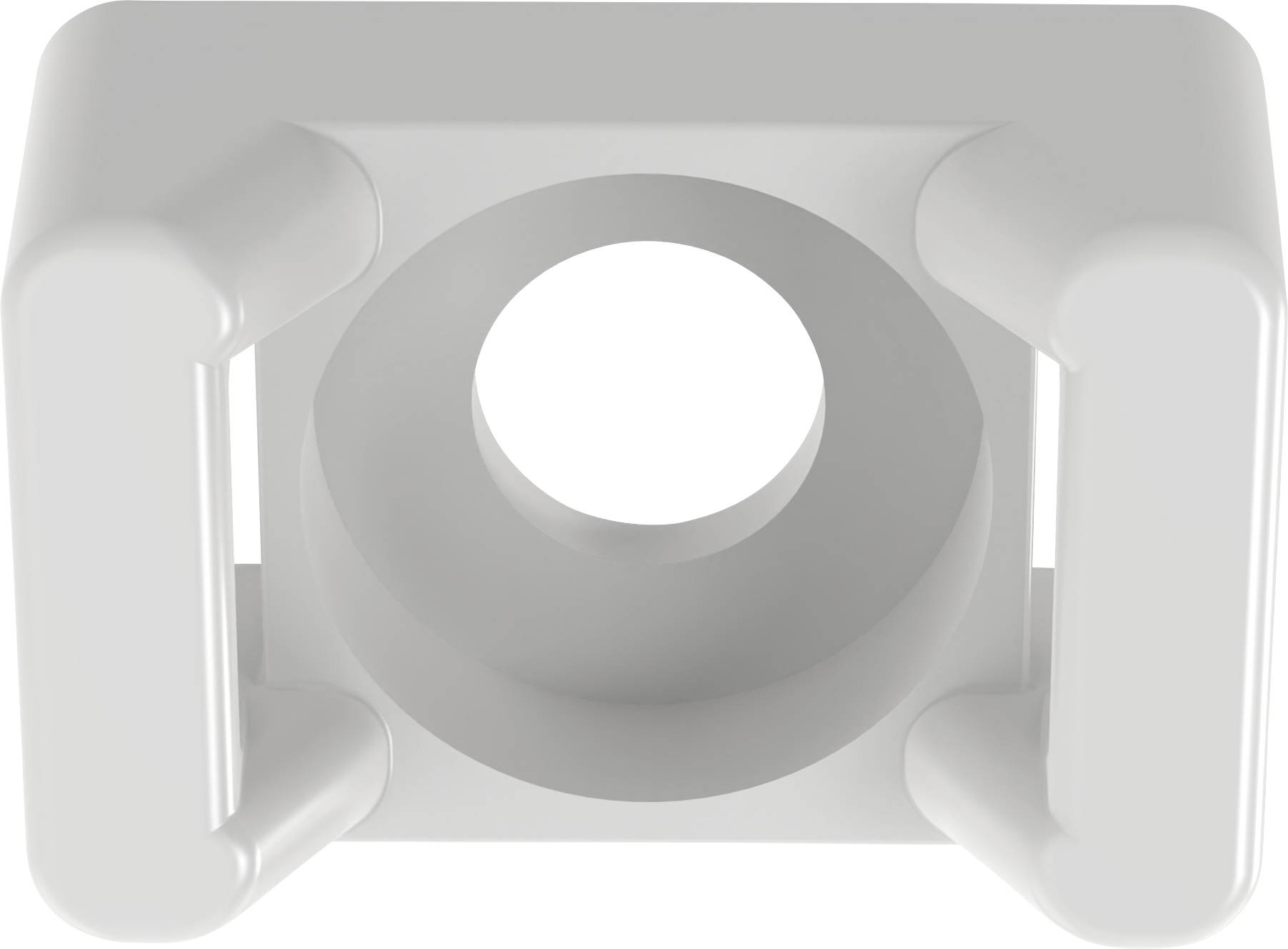 A white plastic towel hook in a square shape with rounded corners, designed for wall mounting, featuring two hooks and a central hole.