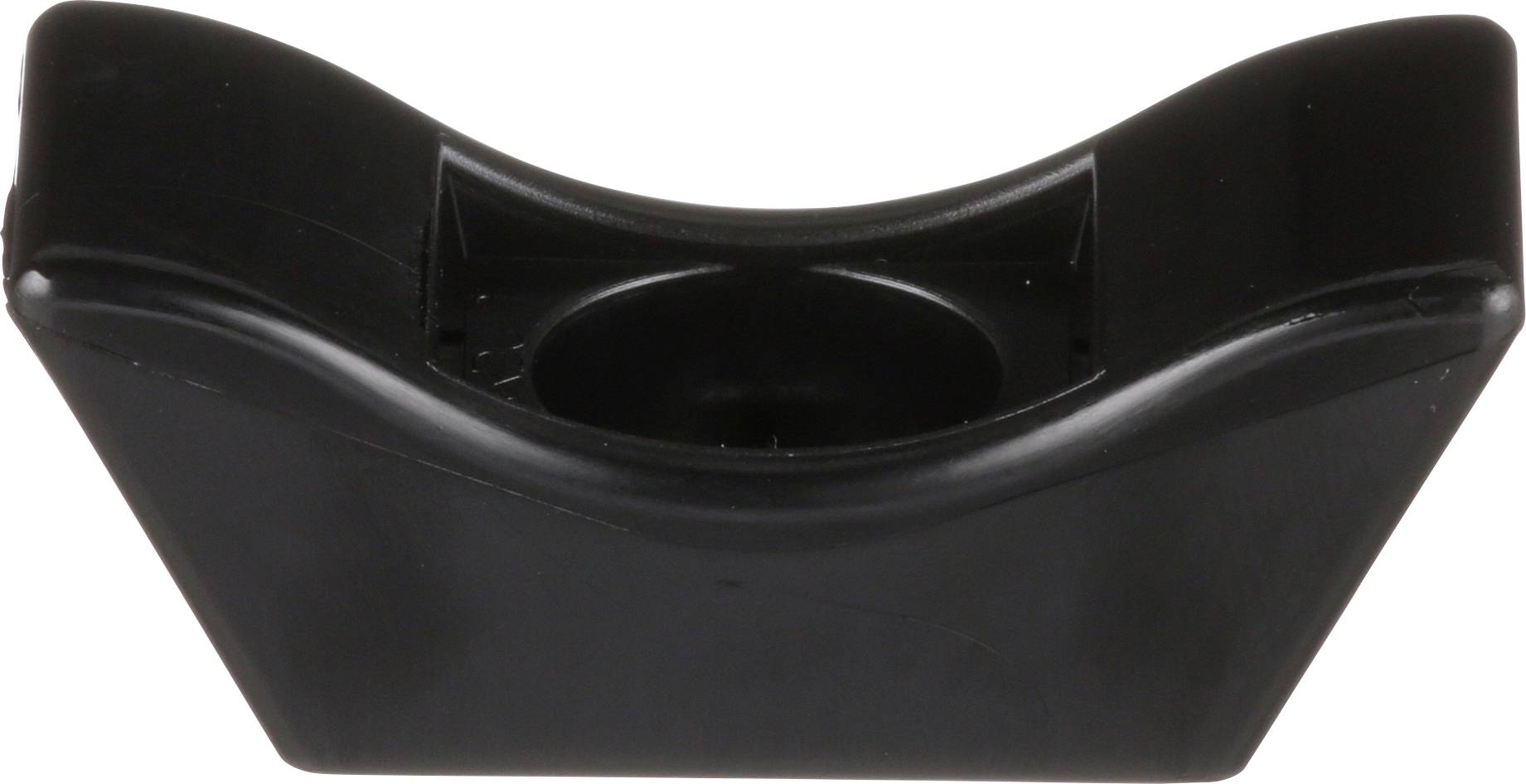 A black, curved plastic stand with a central circular indentation, possibly for holding small objects or a specific item securely.