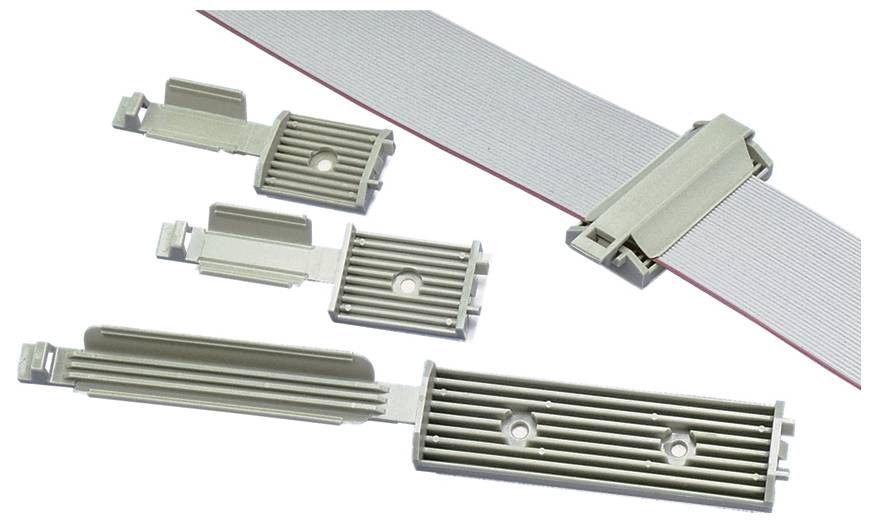 Flat ribbon cables with connectors for electronic applications, showing various sizes and orientations.