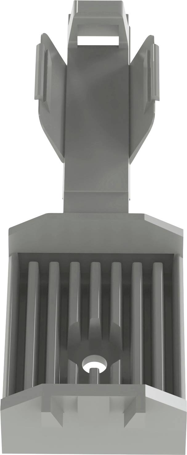 A gray, vertical, rectangular plastic clip featuring parallel grooves and a vertical support with side tabs.