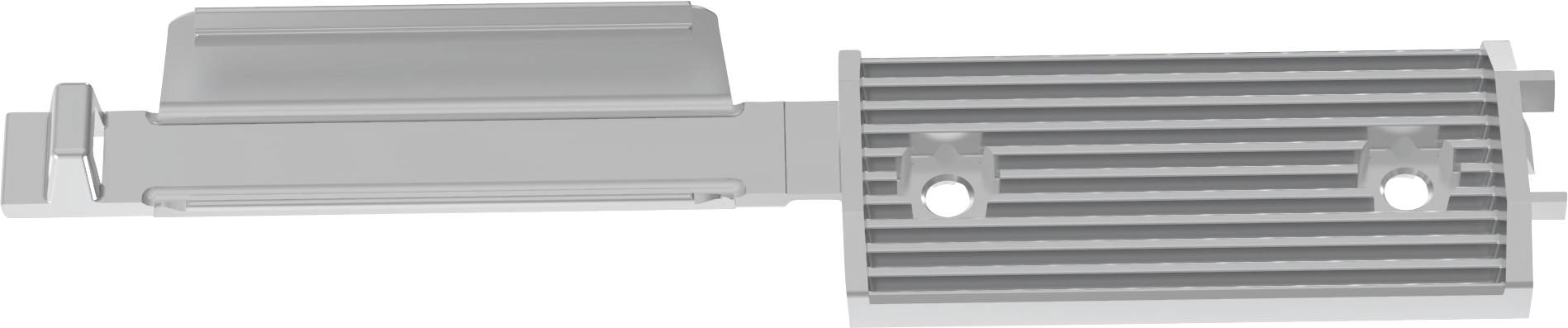 A metallic, rectangular mechanical part with grooves and two circular holes, possibly used in machinery or as a heat sink component.