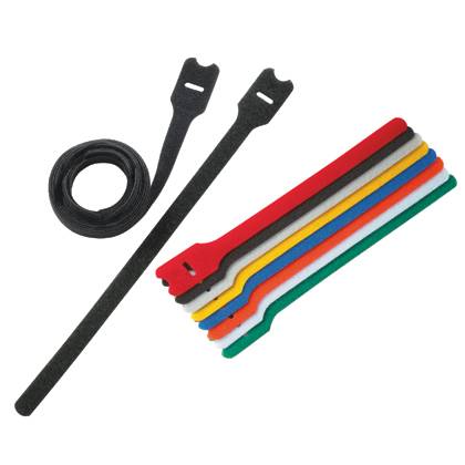 A set of eight colorful Velcro cable ties, including red, yellow, green, blue, and black, displayed alongside a coiled black tie.