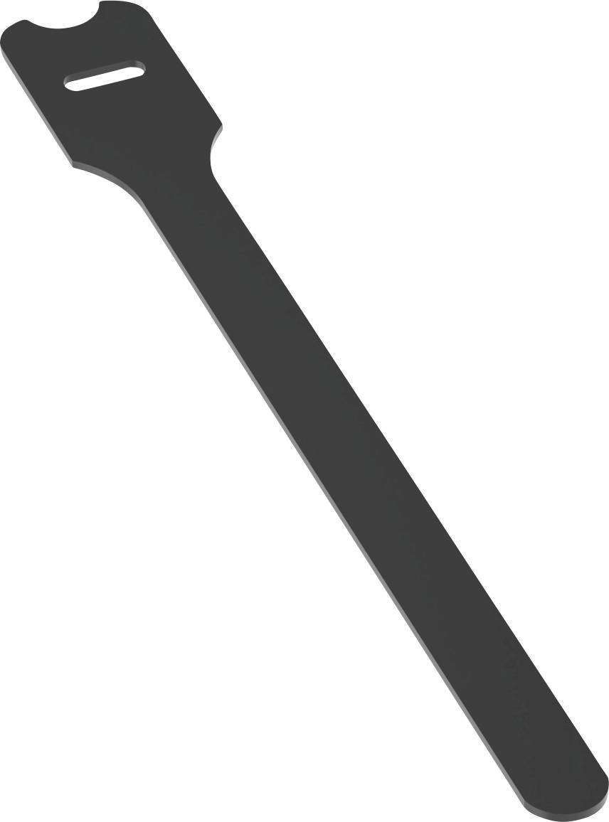 A black cable tie with a slot for fastening. It is flat and elongated, designed to bundle or secure cables.