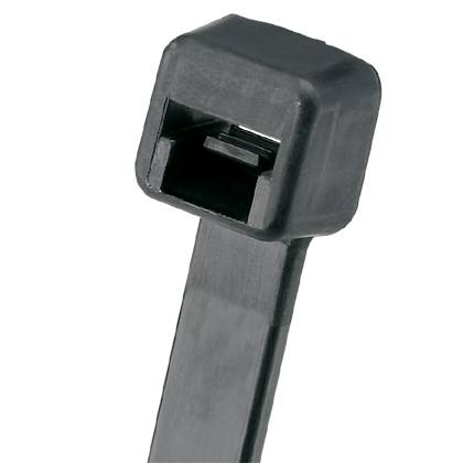 A black plastic cable tie with a square head, used for binding items together.