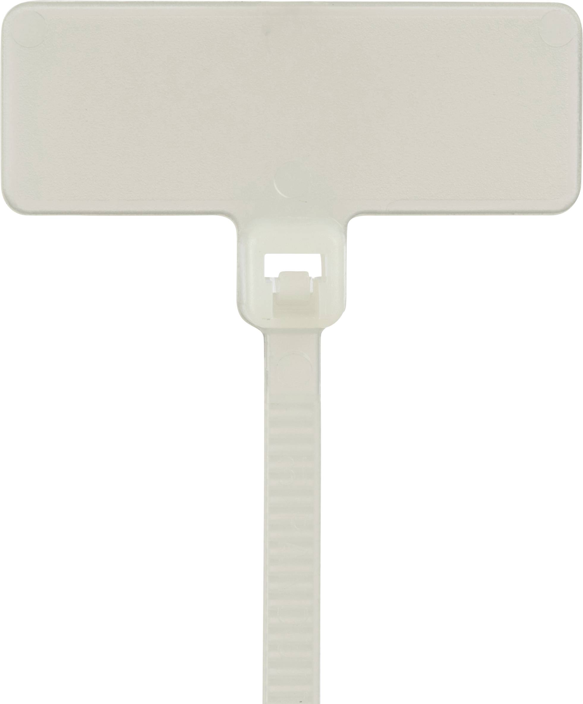 A white plastic plant label with a rectangular area for writing, attached to a stake for insertion into soil.