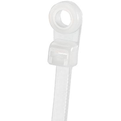 A white nylon cable tie with a loop at the top, used for securing items together.