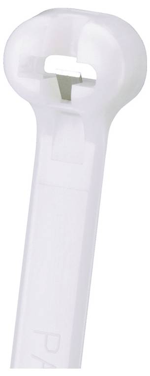A close-up of a white cable tie with a locking mechanism, used for securing cables or objects.
