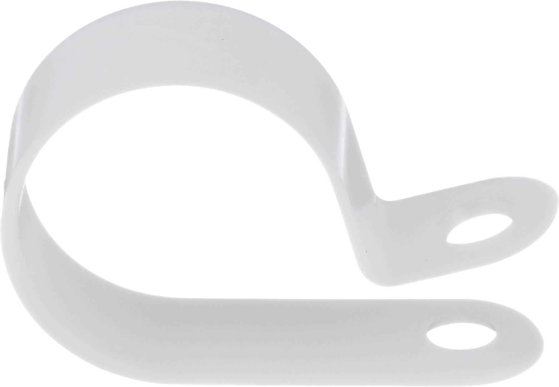White plastic cable clamp with two holes, used for organizing or securing cables.