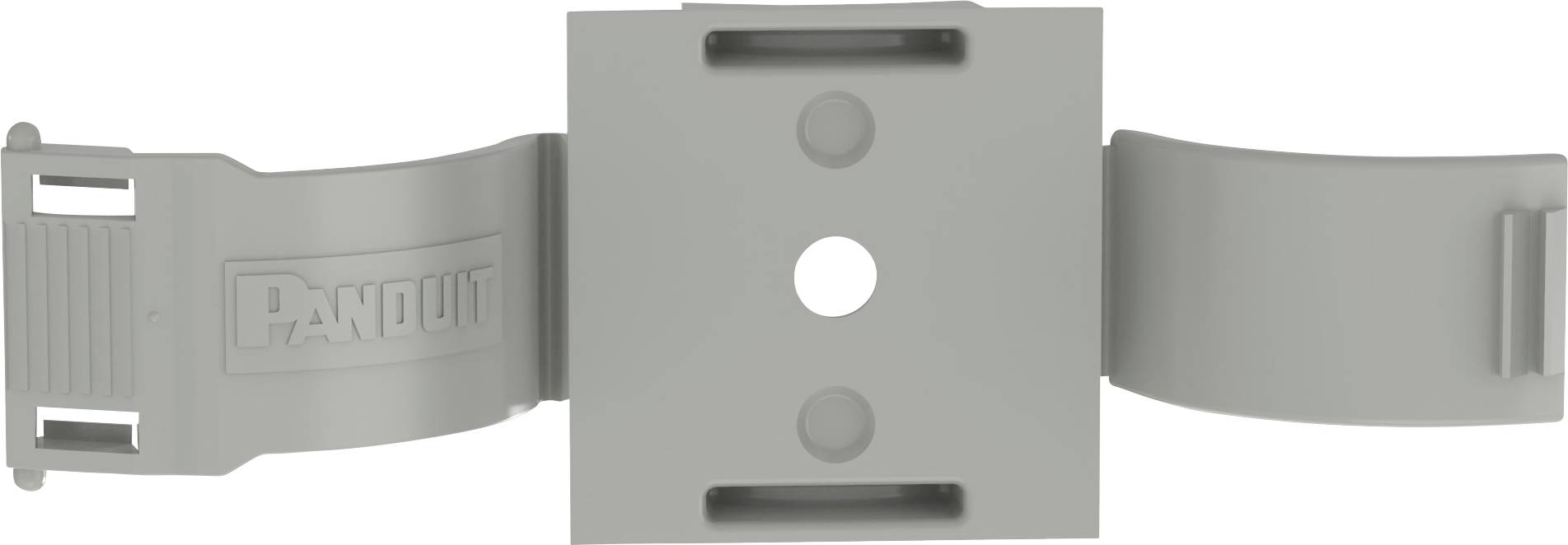 A gray plastic mounting bracket with a central hole and two flexible strap ends on either side, designed for securing cables or wires.