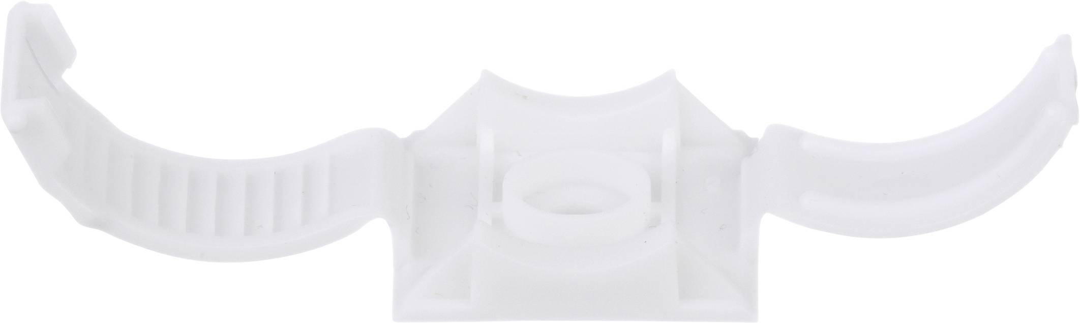 A white plastic clip with a central circular mount and two flexible arms.