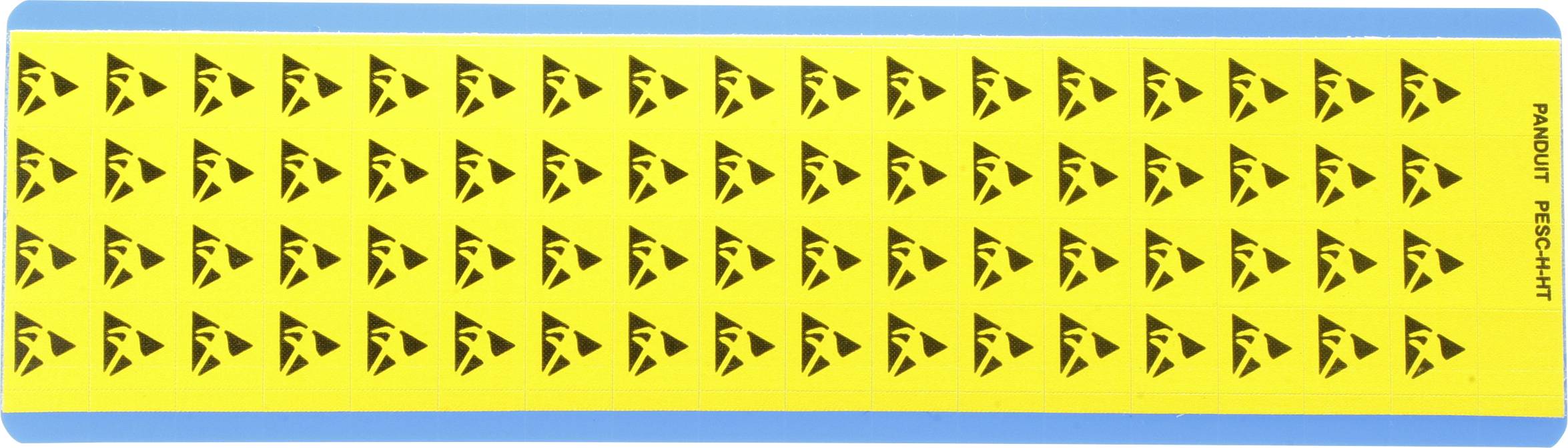 A yellow skateboard deck with a repeating pattern of black arrow designs on top and blue edges.