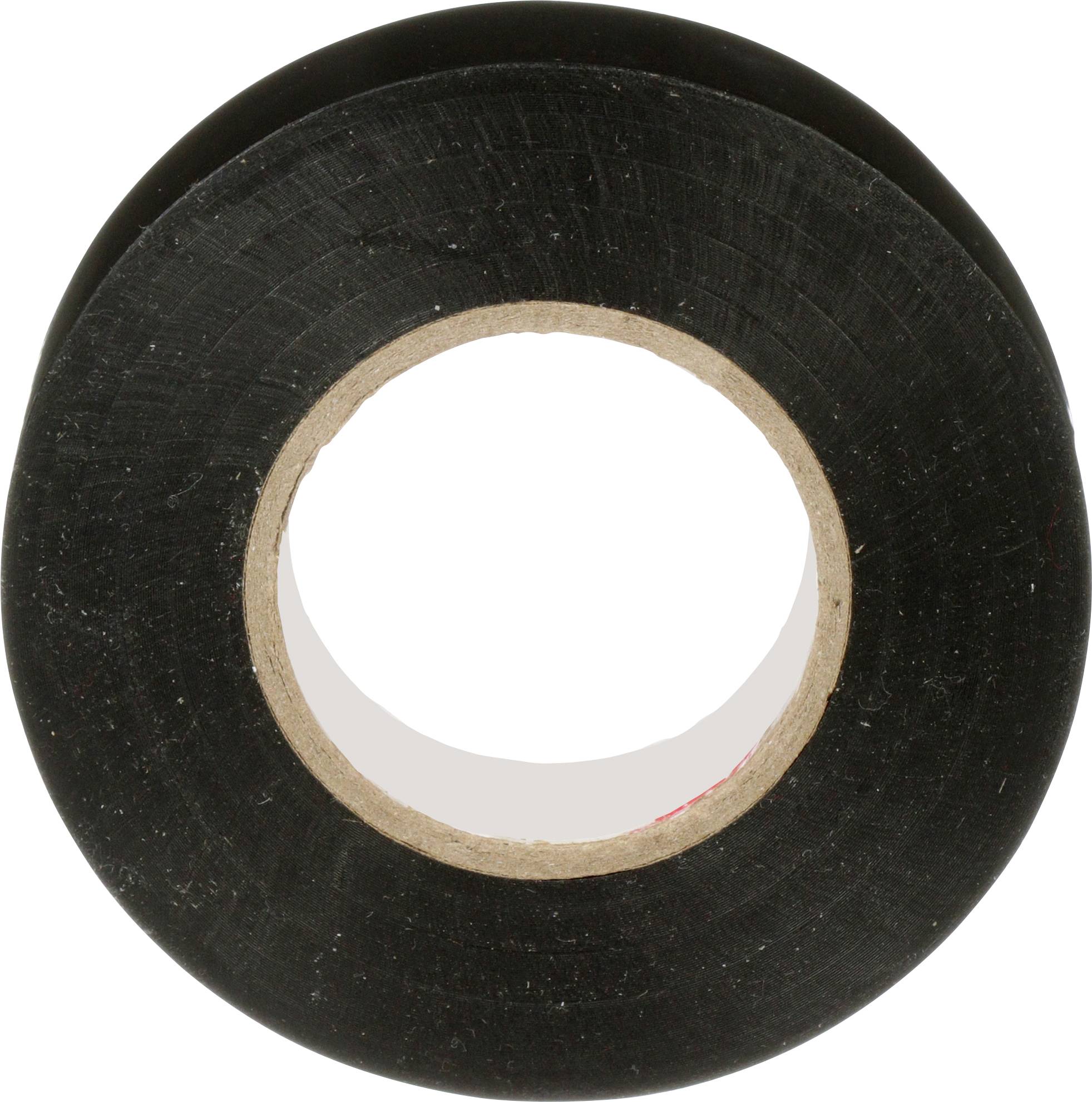 A roll of black electrical tape viewed from above, showing the circular shape and central cardboard core.