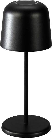 A sleek, modern black table lamp with a cylindrical shade and thin stand, suitable for contemporary home or office decor.