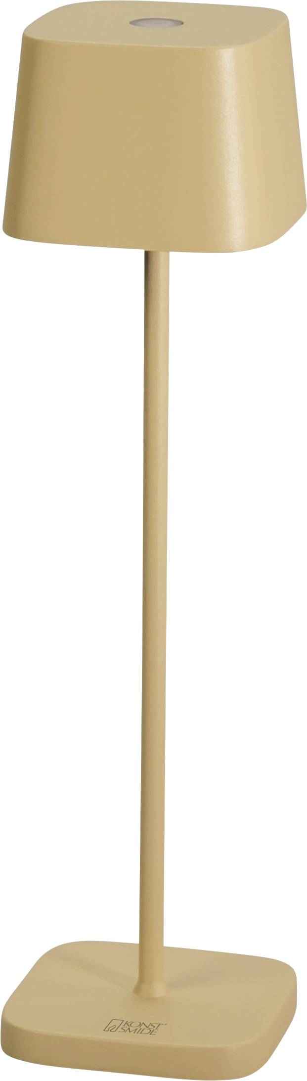 A minimalistic, tan-colored floor lamp with a cylindrical base and a tapered shade, designed for modern interior decoration.