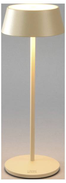 A modern, beige floor lamp with a cylindrical base and a slightly tapered shade, casting a warm light in a minimalist style.