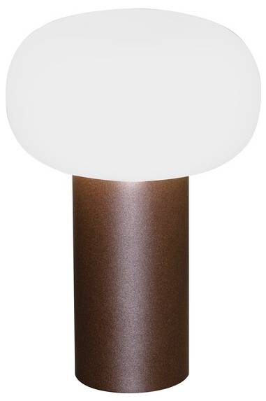 A modern table lamp with a cylindrical brown base and a large, round, frosted white glass shade.