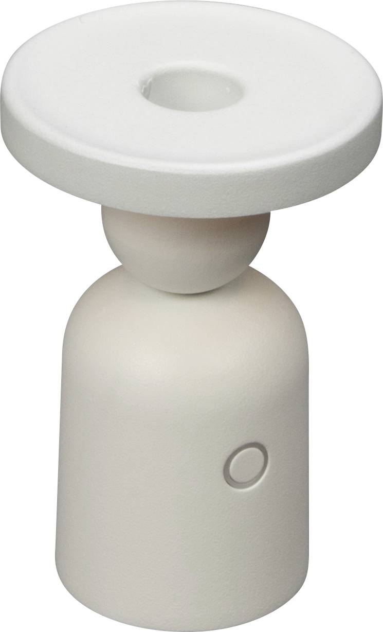 A small, white, cylindrical sensor device with a circular top. It features a round button on the front and is designed for detecting motion.