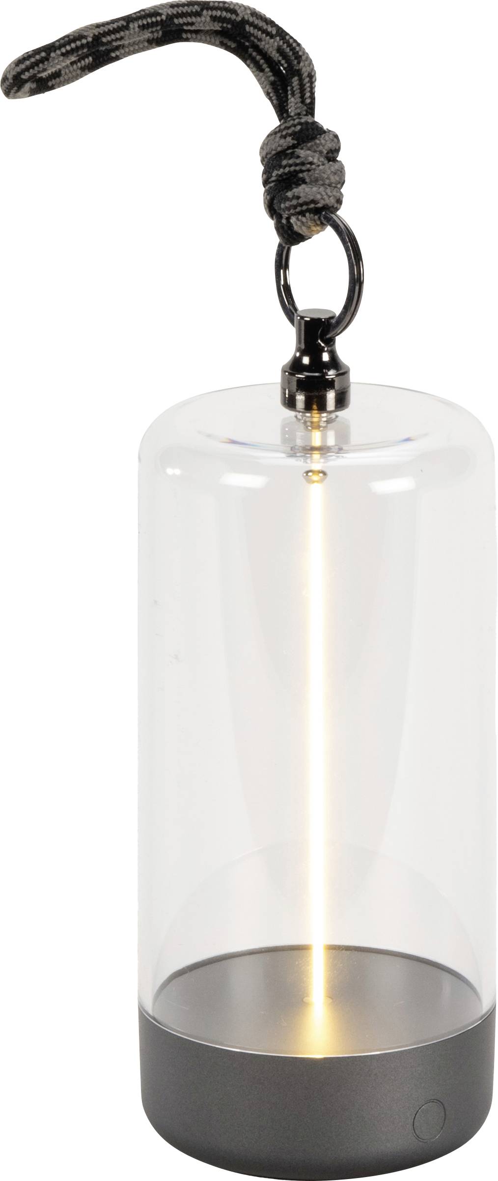 A cylindrical lantern with a black base and rope handle, emitting warm light through a vertical filament inside a clear glass casing.