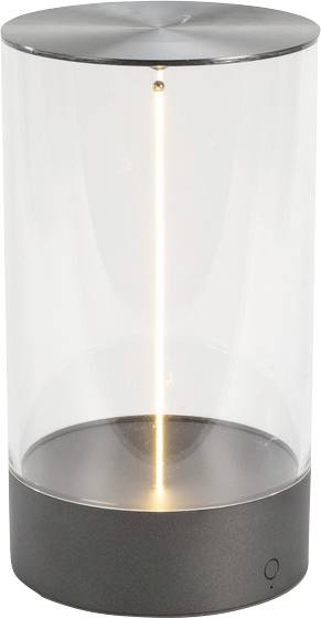 A cylindrical glass LED lamp with a metallic base and top, featuring a vertical light strip in the center.