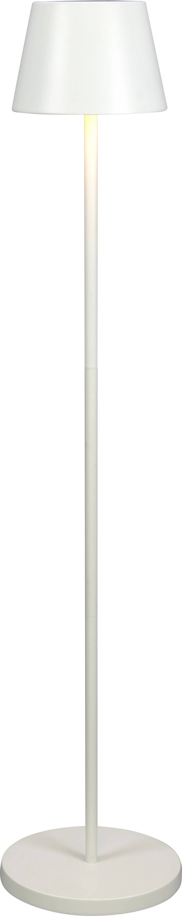 A modern white floor lamp with a simple design, featuring a cone-shaped shade and a slender, straight stand, illuminated slightly.