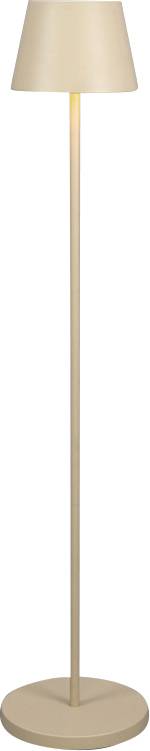 A beige floor lamp with a tall, slender pole and a conical lampshade, casting warm light, standing on a simple round base.