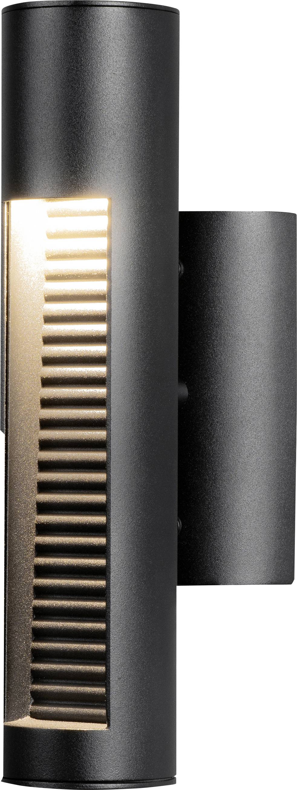 A sleek, modern cylindrical wall light with vertical grooves emitting warm light on the left side, mounted on a dark bracket.