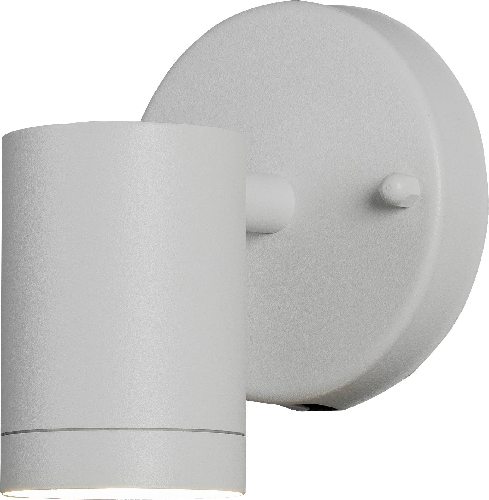 A round, white wall-mounted light fixture with a cylindrical shade, designed for indoor or outdoor use.
