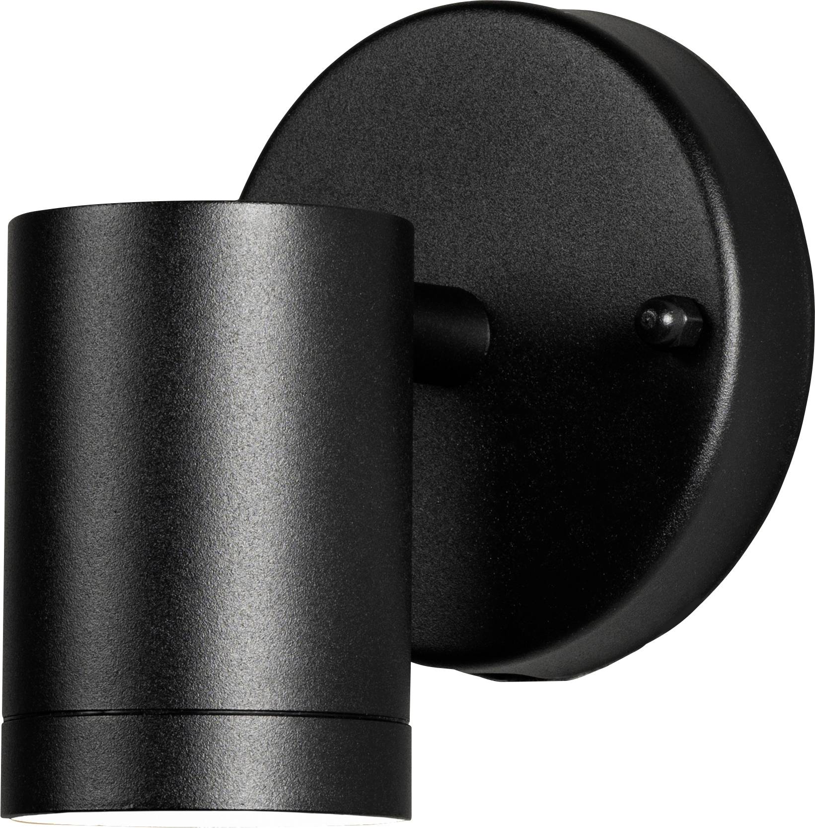 A cylindrical black wall-mounted outdoor light fixture facing downwards.