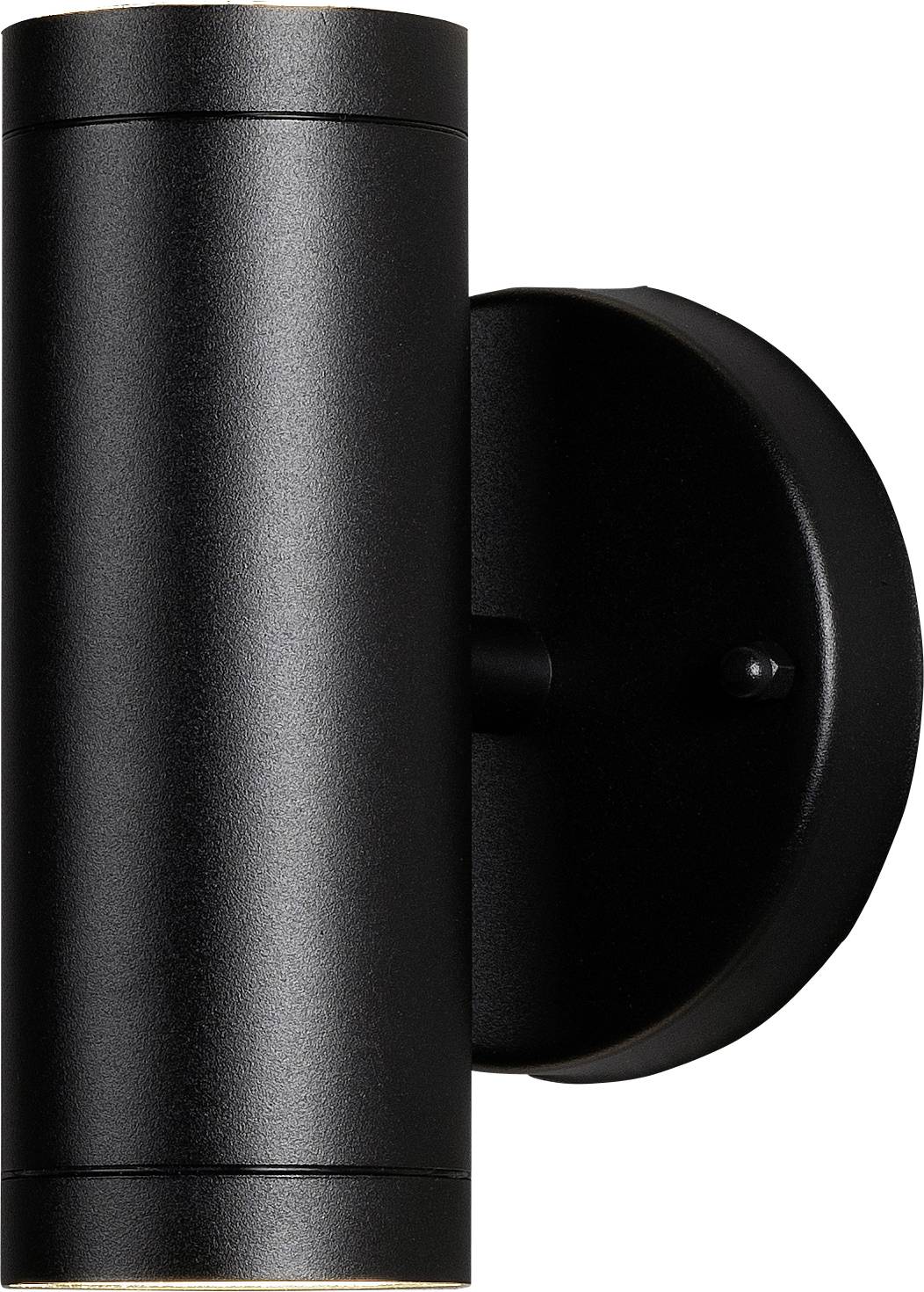 A black, cylindrical wall-mounted light fixture with a vertical design, suitable for outdoor use.