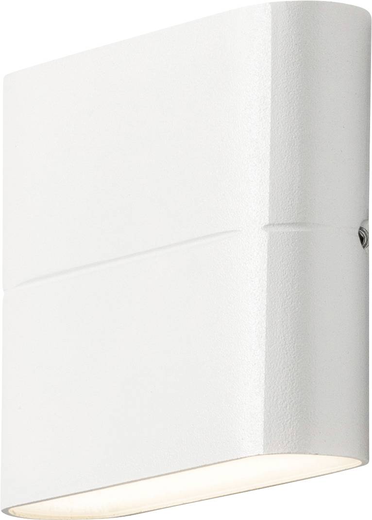 A sleek white wall light fixture with a rectangular, slightly curved design. Emits light from the bottom, ideal for minimalist decor.