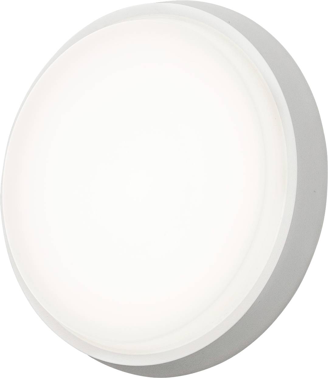 Round, white ceiling light fixture, illuminated with a soft glow.