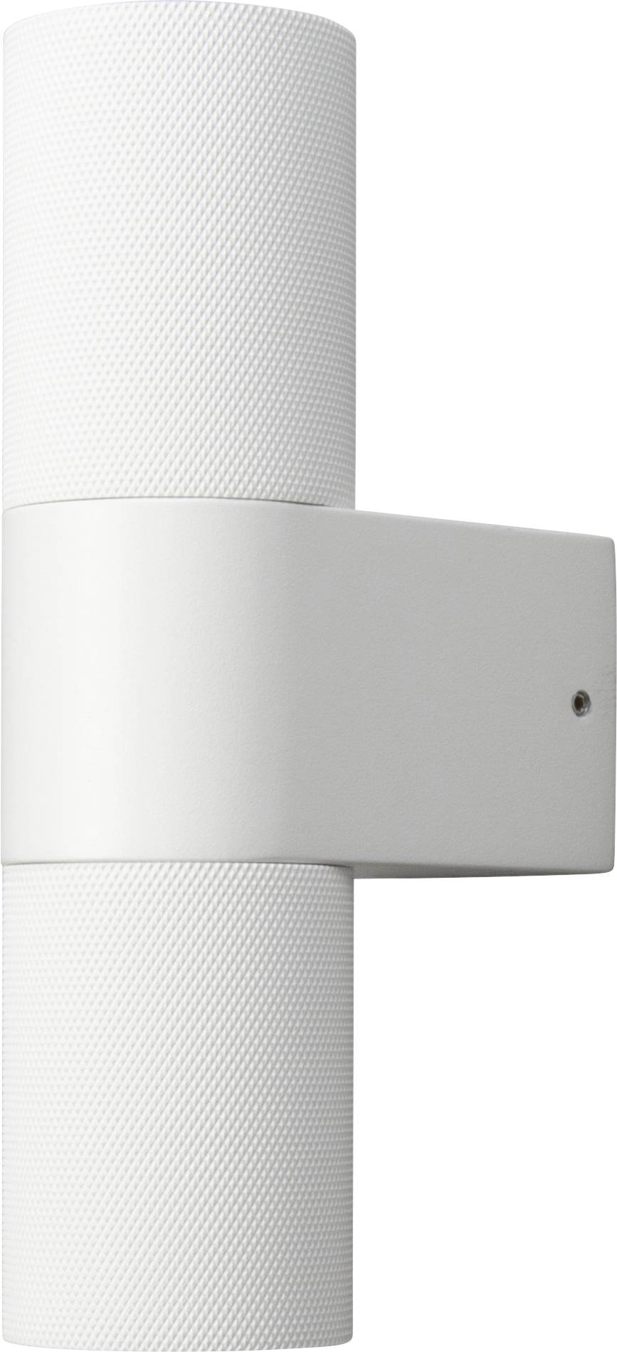 A white, cylindrical wall-mounted light fixture with a textured surface, positioned horizontally, against a plain background.