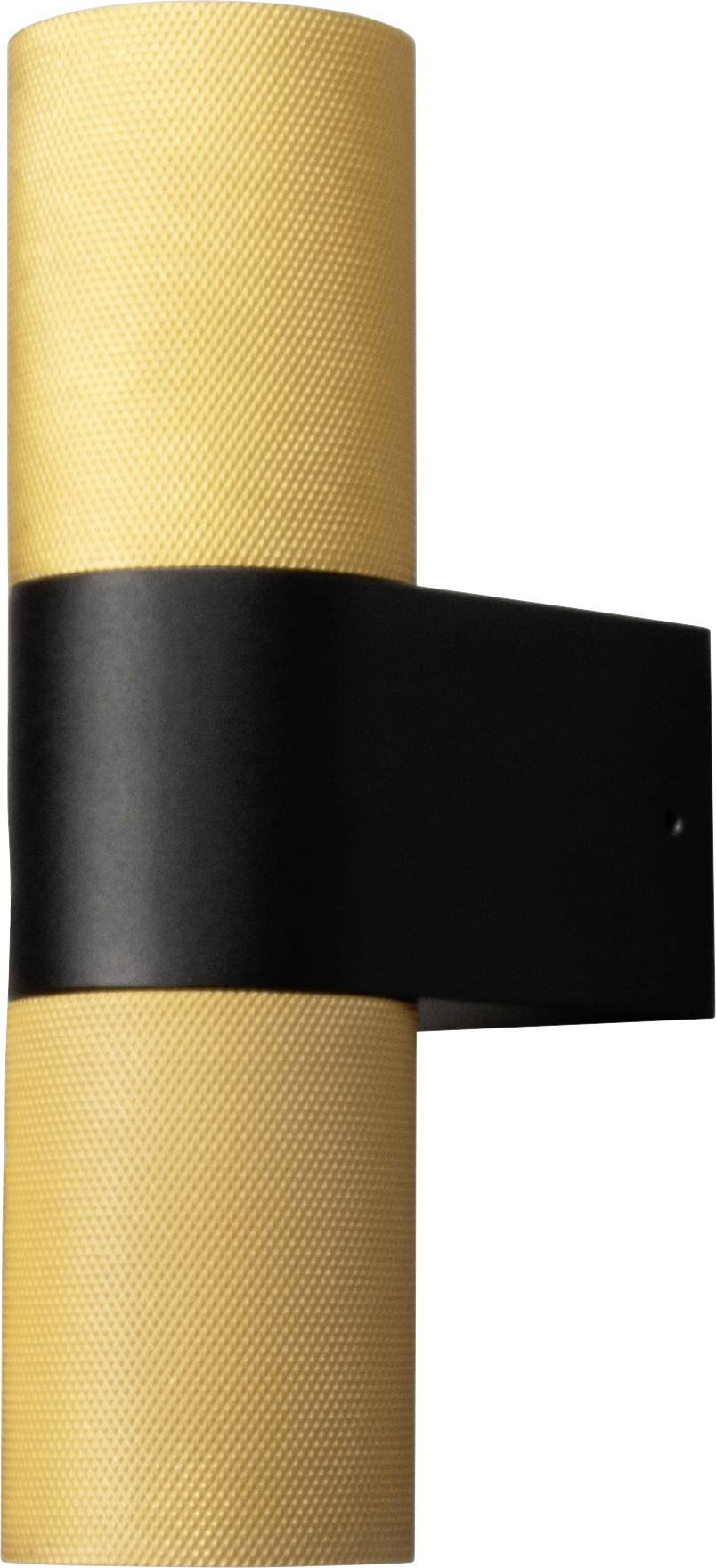 A modern wall sconce with a textured, cylindrical gold body and a black horizontal bracket.