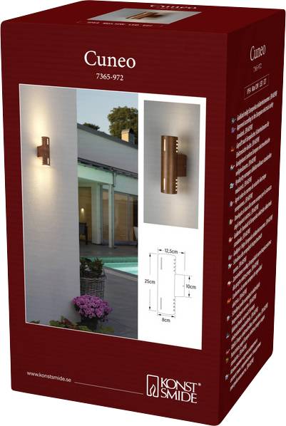 Box packaging for a wall light fixture, 'Cuneo' by Konst Smide, with product dimensions shown. Background image of the light mounted outdoors.