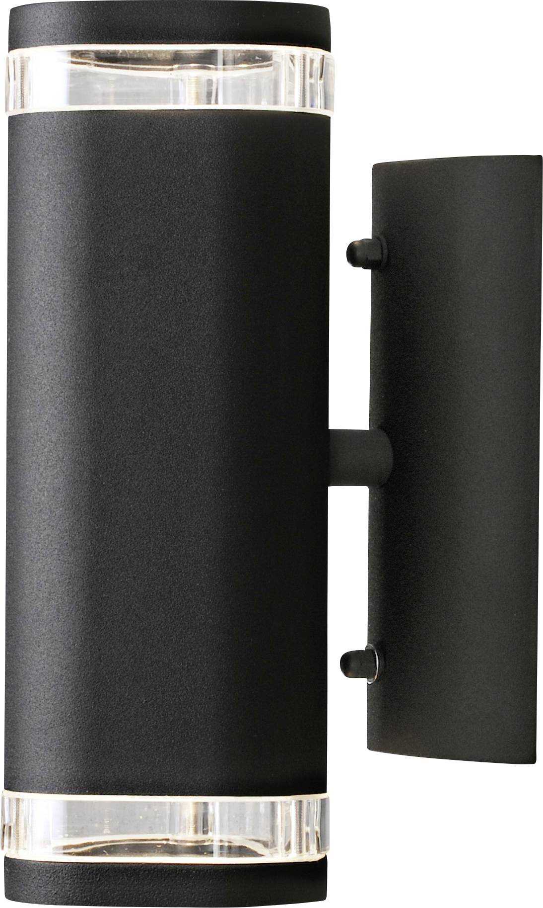 A sleek black wall-mounted outdoor light fixture with a cylindrical shape and transparent top and bottom, emitting light in both directions.